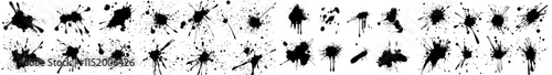 Ink drops and splatters. Blotter marks, liquid paint drips, drops, splashes, and ink spatters. Artistic, dirty, grunge abstract spot modern collection. Monochrome illustration with drips, splashes,