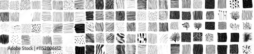 Hand-drawn crosshatching. Squares drawn with a hatching technique, geometric shapes with crosshatch strokes, and simple doodle sketch design elements. A modern, isolated set.