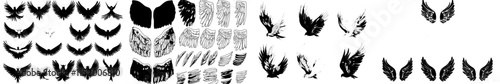 Sketch of angel wings outline, feather wing silhouette, linear flying angels, hand-drawn modern icons of winged angels in flight.