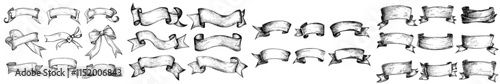 A vintage collection of hand-drawn ribbons, featuring a doodle-style black sketch. Each element is isolated.