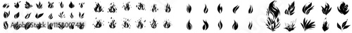 A flat set of fire symbols as isolated icons on a white background, featuring blaze silhouettes.