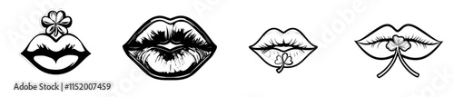 A stylish green lip silhouette featuring a clover shamrock leaf, set against a white background. This decorative print of female lips is perfect for St. Patrick's Day designs, with the message "Kiss