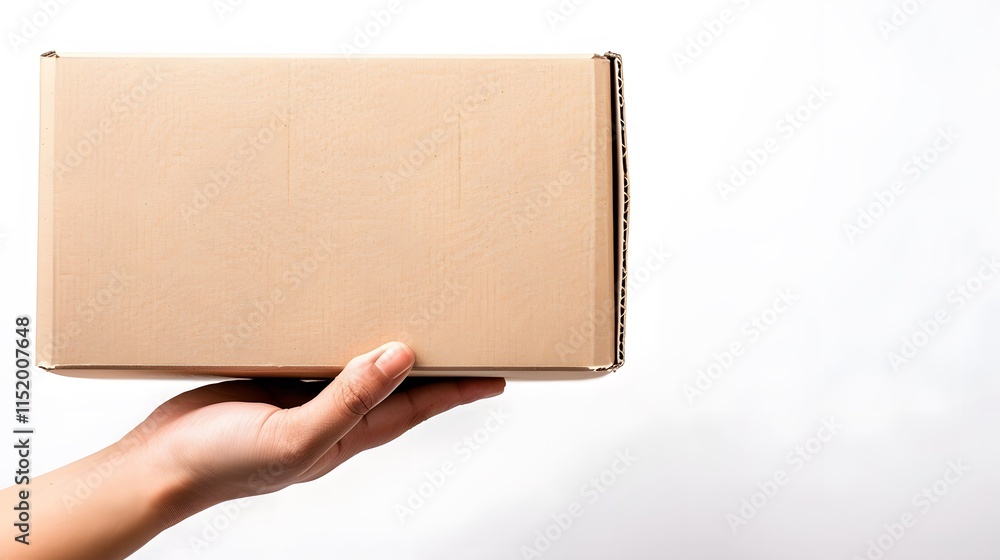 Fototapeta premium Hand Holding a Plain Brown Cardboard Box Against Light Background