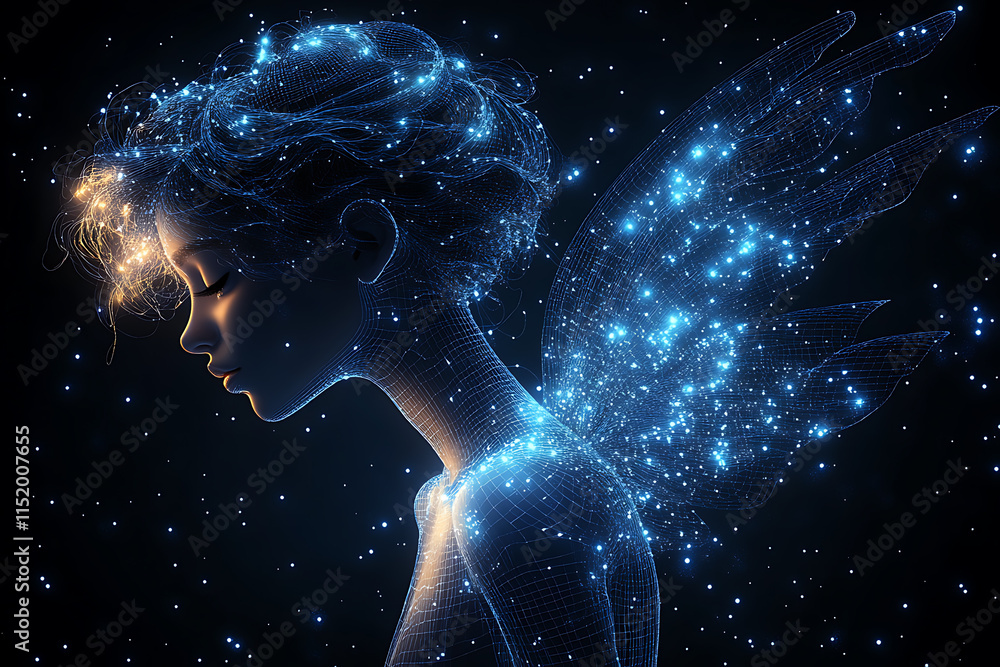 A glowing wireframe Cupid depicted on a transparent background, illuminated by a combination of blue and black data points. A blend of mythology and technology in a futuristic style.
A glowing wireframe Cupid depicted on a transparent background, illuminated by a combination of blue and black data points. A blend of mythology and technology in a futuristic style.