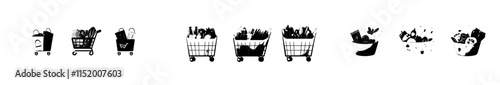 Plastic, paper, and fabric shopping bags and baskets for groceries, supermarkets, and stores, used for packaging vegetables and dairy products. A modern, isolated collection.