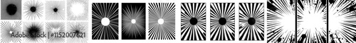 Radial manga frame. Circular anime borders featuring varied concentrated line embellishments. Modern illustration set of speed and impact starbursts.