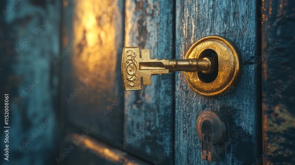 Golden key in antique wooden door lock. Golden key in antique wooden door lock.