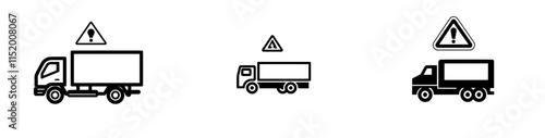 A contemporary and straightforward illustration of a cargo truck problem, featuring delivery and freight shipping icons, semi-van caution warnings, alert symbols, and silhouettes, emphasizing lorry