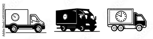 A modern, simple graphic illustration of a delivery truck clock, depicting a shipping cargo freight semi-van waiting, represented by a solid glyph silhouette, symbolizing the lorry holding and