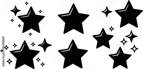 Collection of different vector sparkling stars icon, decorative twinkle and bursts forms, abstract shining flash symbols, glowing light effect, y2k style basic shapes geometric graphic elements