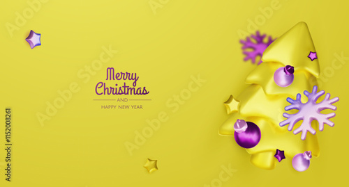 Happy New Year and Merry Christmas. Christmas holiday background with realistic 3d objects, bauble balls, conical metal stars. Levitation falling design composition.