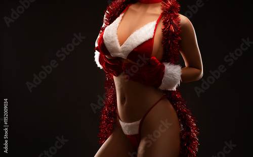 Beautiful female body with big breasts in red Santa hat, New Year's underwear. photo