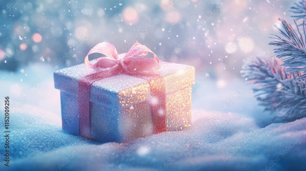 A light pink box with a soft bow on top sits on the snowy ground, radiating a tranquil and serene winter charm. A light pink box with a soft bow on top sits on the snowy ground, radiating a tranquil and serene winter charm.