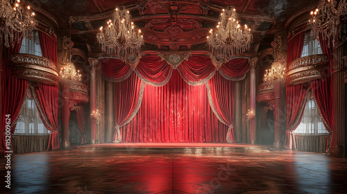 Theatrical performance stage grand theatre interior design elegant ambience wide angle opulence photo