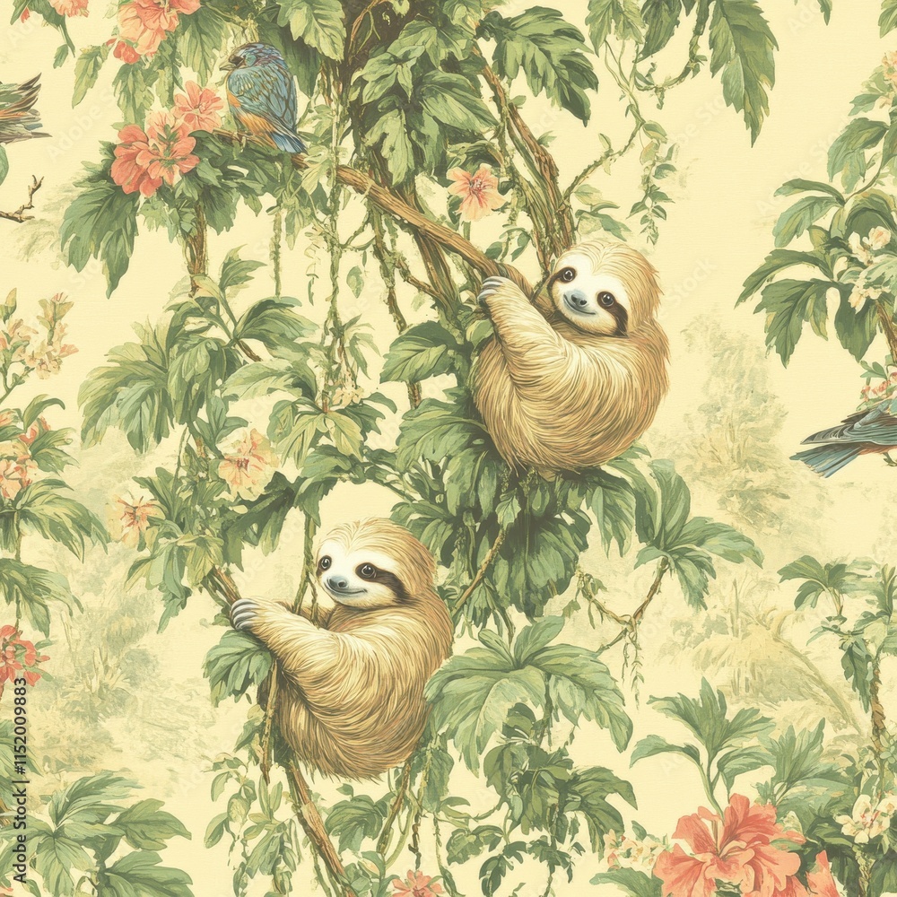 A seamless pattern featuring cheerful baby sloths hanging from colorful vines, surrounded by tropical leaves, tiny flowers, and fluttering birds, illustrated in soft tones of beige, green, and A seamless pattern featuring cheerful baby sloths hanging from colorful vines, surrounded by tropical leaves, tiny flowers, and fluttering birds, illustrated in soft tones of beige, green, and