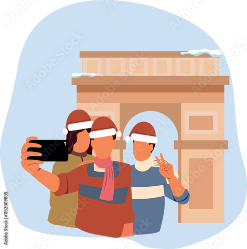  Tourist friends take a Christmas selfie in France