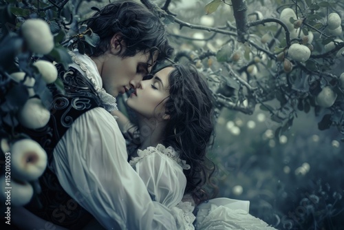 A man and woman are kissing in a forest