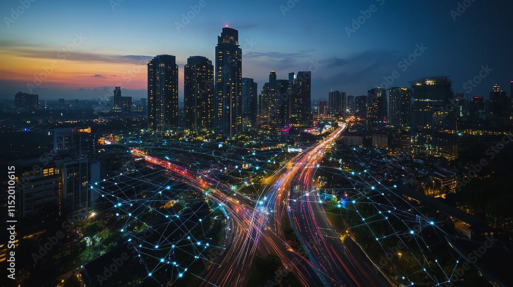 Fototapeta premium Smart digital city with connection cyber security network reciprocity over the cityscape . future smart wireless digital city and social media networking systems that connects people within the city