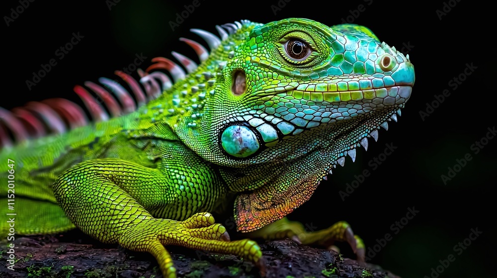 Vibrant green iguana portrait against black background. Vibrant green iguana portrait against black background.