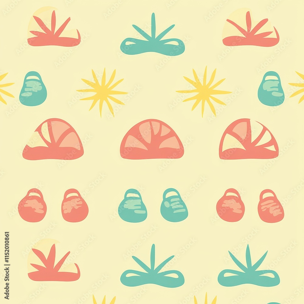Fototapeta premium A whimsical beach-themed pattern showcasing cheerful seashells, starfish, and tiny sandcastles, surrounded by colorful beach balls, flip-flops, and sunshine rays in bright pastel tones. 