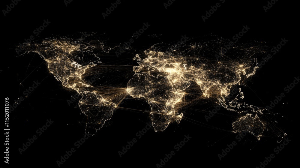 Obraz premium Abstract global map with glowing nodes and lines showcasing worldwide collaboration and efficient communication.