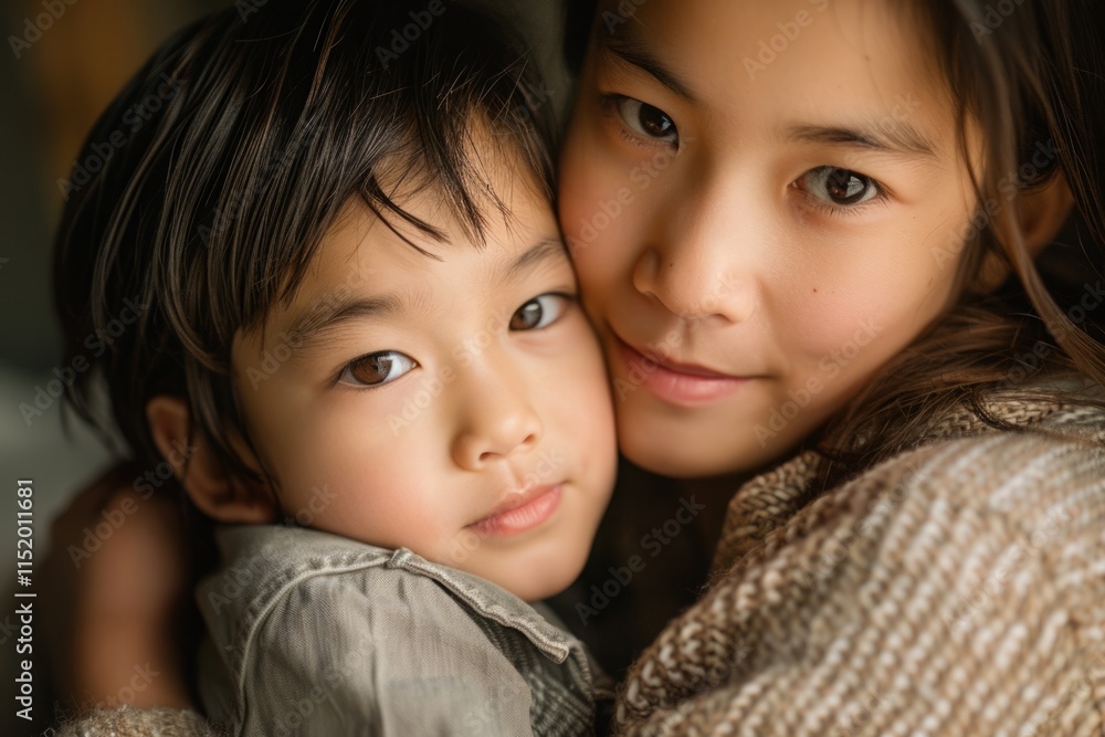 A woman and a child are hugging each other A woman and a child are hugging each other