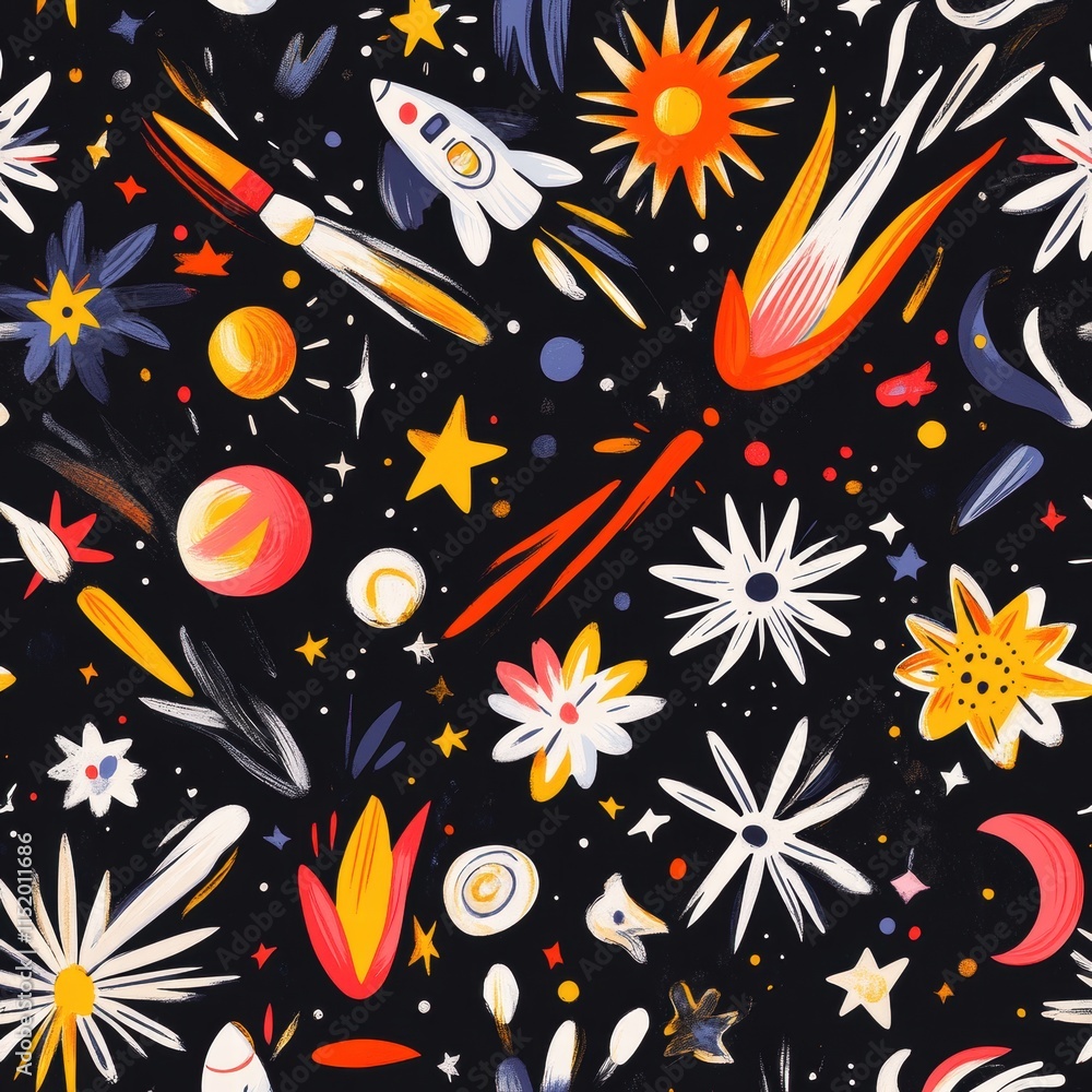 A whimsical outer space-themed pattern showcasing cheerful aliens, colorful rockets, and glowing stars, surrounded by twinkling constellations and swirling comets in bright colors on a dark A whimsical outer space-themed pattern showcasing cheerful aliens, colorful rockets, and glowing stars, surrounded by twinkling constellations and swirling comets in bright colors on a dark