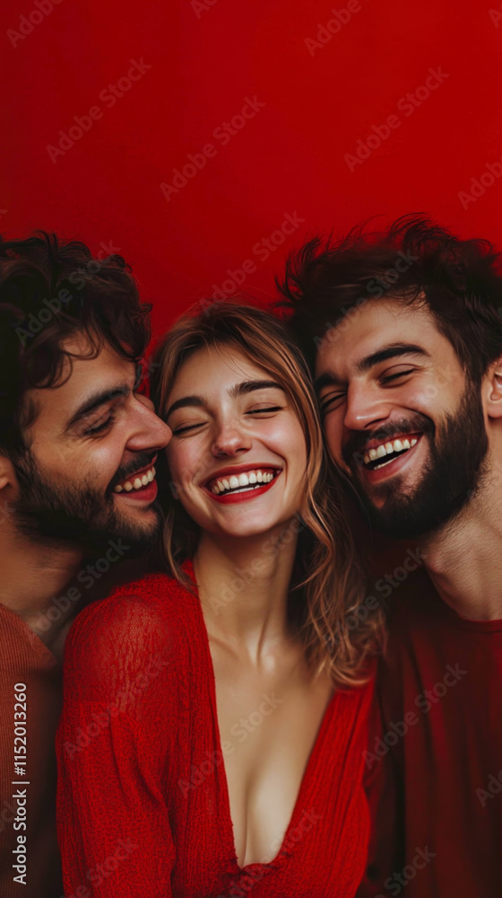 Fototapeta premium Diverse Friends Smiling Under Red Background