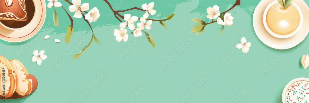 St. David's Day, traditional Welsh pastries and desserts, watercolor illustration, drawing, white sakura branch, horizontal banner, blue background, copy space, free space for text St. David's Day, traditional Welsh pastries and desserts, watercolor illustration, drawing, white sakura branch, horizontal banner, blue background, copy space, free space for text