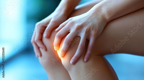 A person grips their knee in pain, showcasing the effects of arthritic rheumatism in a calm, softly illuminated setting photo