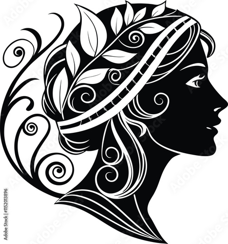 Elegant black-and-white silhouette of a woman with flowing floral hair design, ideal for beauty, nature, and wellness-themed projects, perfect for stock photography, vector art, and creative branding