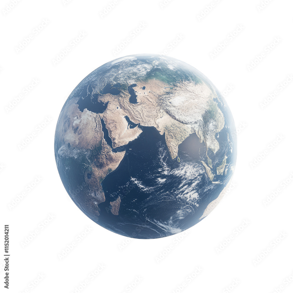 A realistic photograph of the Earth with clear borders and without clouds, centered on a white background.