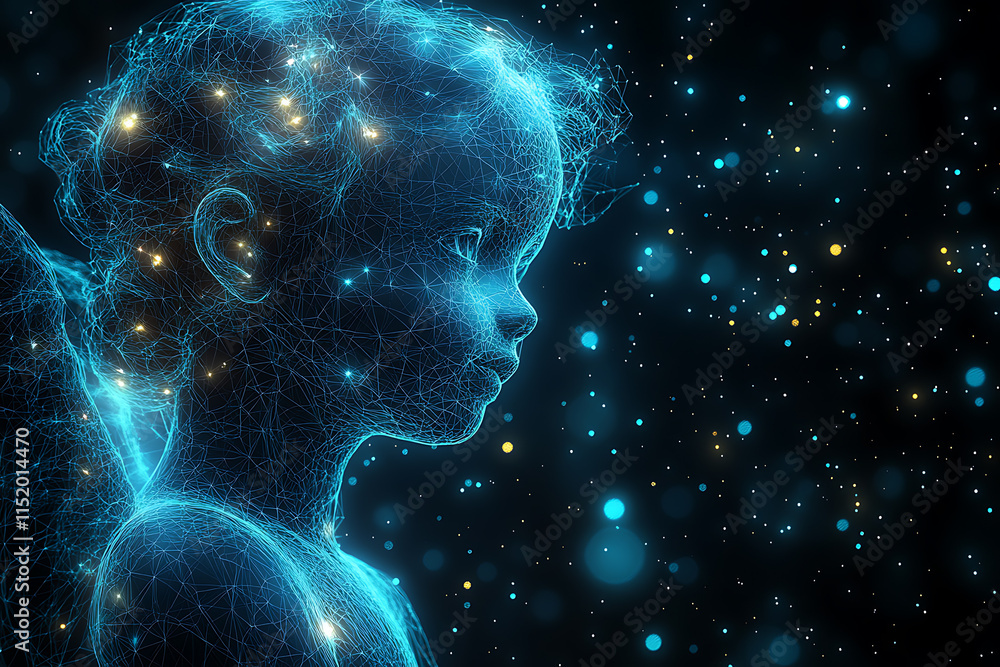 A glowing wireframe Cupid depicted on a transparent background, illuminated by a combination of blue and black data points. A blend of mythology and technology in a futuristic style.
A glowing wireframe Cupid depicted on a transparent background, illuminated by a combination of blue and black data points. A blend of mythology and technology in a futuristic style.
