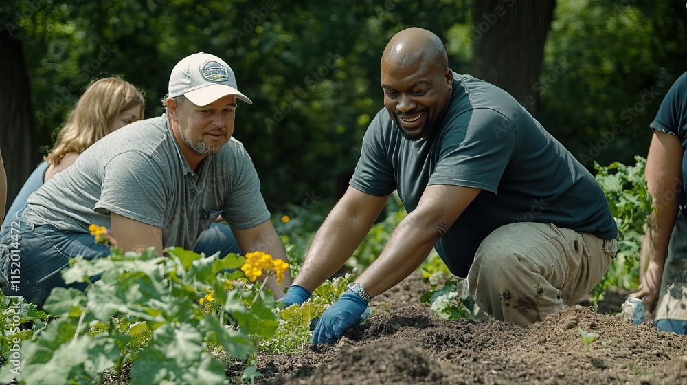 Friends of various backgrounds work together in a vibrant community garden, cultivating plants and enjoying teamwork in the sunshine Friends of various backgrounds work together in a vibrant community garden, cultivating plants and enjoying teamwork in the sunshine