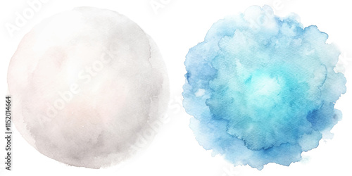 Two contrasting watercolor circles in white and blue, ideal for minimalist designs and backgrounds.