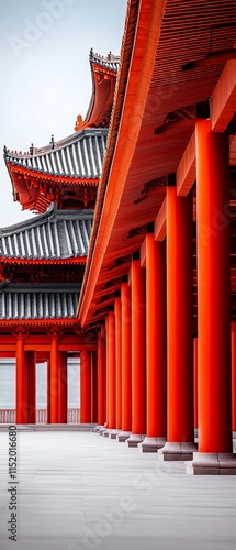 Elegant red temple columns with intricate roof design against clear sky. photo