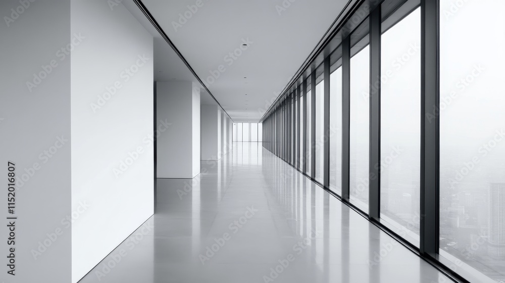 Fototapeta premium A long, empty hallway with a large window on the far right