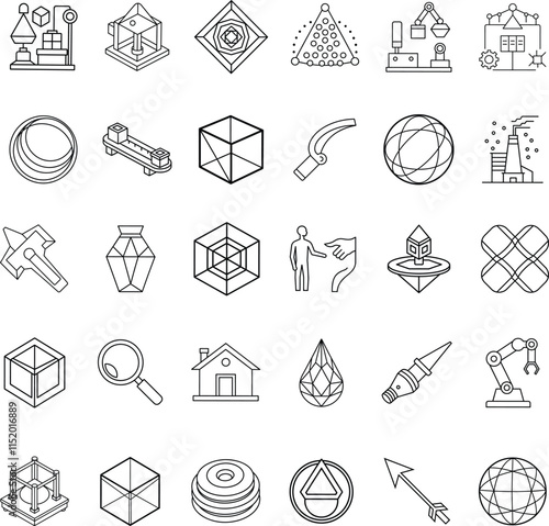 Geometric Shapes, Engineering, Design, 3D Models, Icons, Industry, Technology, Manufacturing, Constr