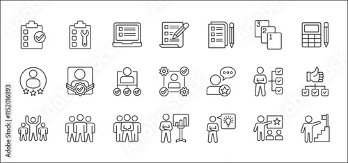 Leadership professional icon set. Task and job icons. Containing icons of  occupation, assignment, management, business, motivation, specialist, briefcase, accounting, list. Thin line icon design.