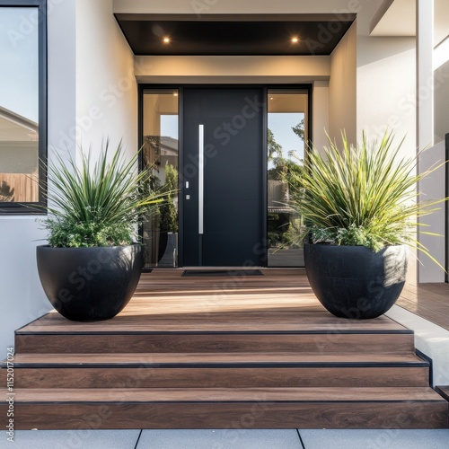 A chic suburban home entrance with a stylish pot of grass and a charming wooden path leading up to the front door, offering a welcoming and modern touch. photo