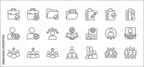 Leadership professional icon set. Task and job icons. Containing icons of  occupation, assignment, management, business, motivation, specialist, briefcase, accounting, list. Thin line icon design.