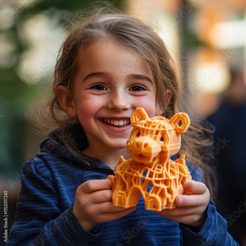 A child gleefully holds a 3D-printed toy animal, showcasing the intricate details made possible by additive manufacturing. photo