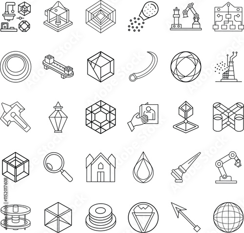 Industrial Design, 3D Modeling, Geometric Shapes, Manufacturing, Technology Icons