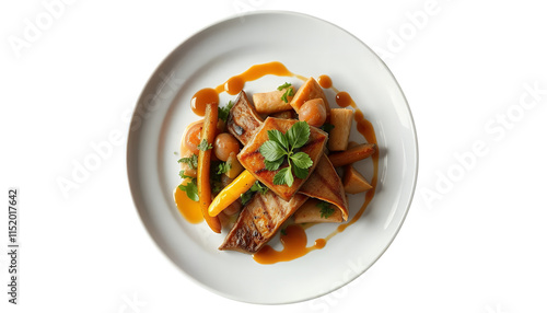 Gourmet Pan-Seared Halibut with Roasted Root Vegetables and Brown Butter Sauce A Culinary Delight photo