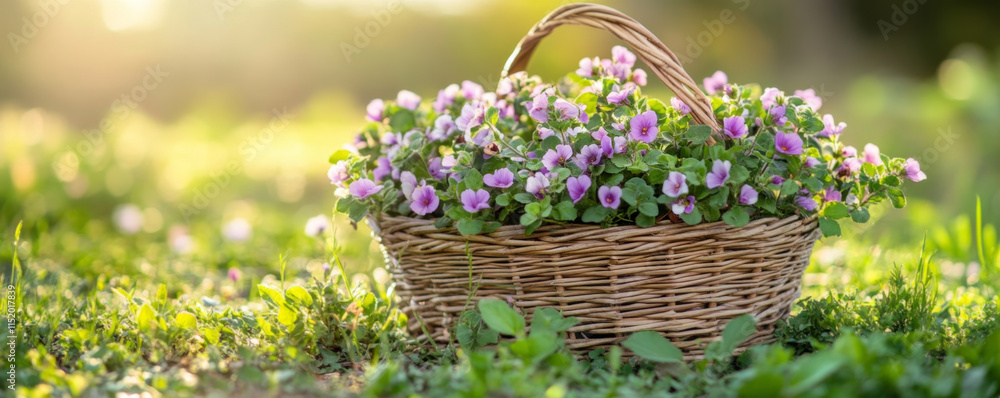Wicker Basket with Purple Wildflowers in Sunlit Field Wicker Basket with Purple Wildflowers in Sunlit Field