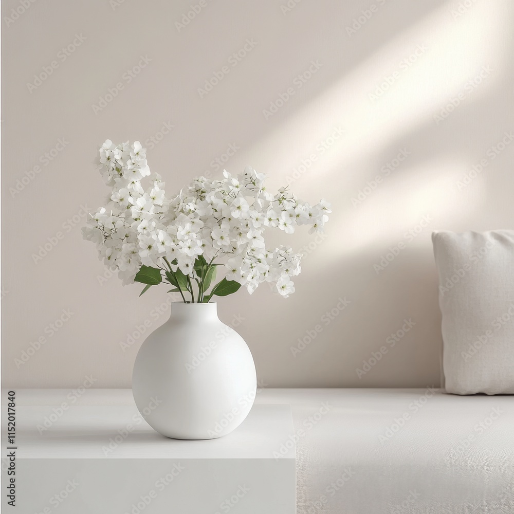 A clean and elegant home interior featuring a vase of white flowers against a light background, perfect for showcasing products in a minimalist setting. A clean and elegant home interior featuring a vase of white flowers against a light background, perfect for showcasing products in a minimalist setting.