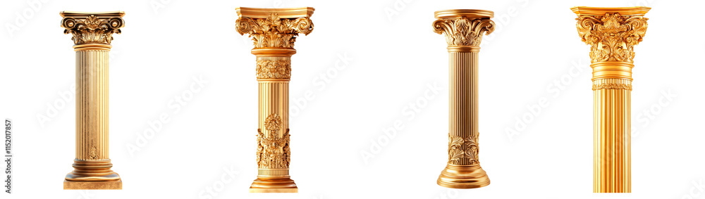 Golden column, classic antique gold pillar isolated on transparent background, PNG