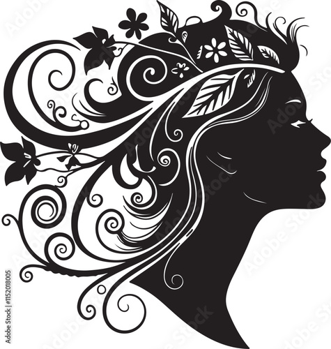 Elegant black-and-white silhouette of a woman with flowing floral hair design, ideal for beauty, nature, and wellness-themed projects, perfect for stock photography, vector art, and creative branding