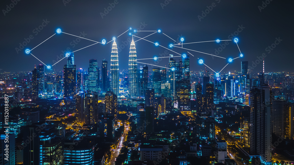 Smart digital city with connection cyber security network reciprocity over the cityscape . future smart wireless digital city and social media networking systems that connects people within the city Smart digital city with connection cyber security network reciprocity over the cityscape . future smart wireless digital city and social media networking systems that connects people within the city
