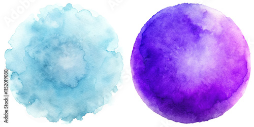 Striking blue and purple watercolor circles create a bold and artistic visual statement.